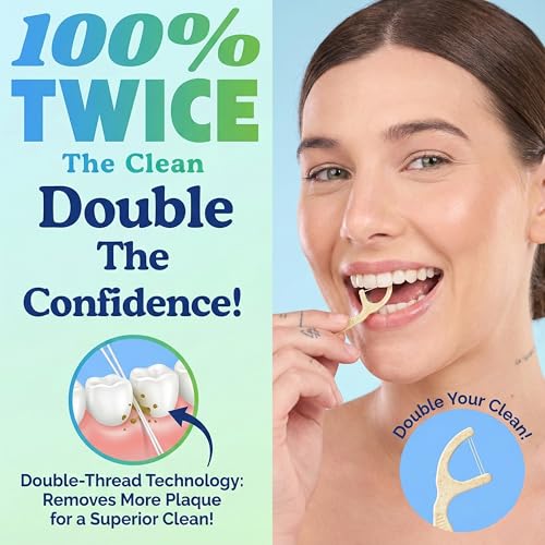 Image of Twin Line Dental Floss Picks (220 Count) - Tooth Flossers Made with Wheat-Straw, Double Thread for 2X Clean, Minty Fresh, Smooth Glide, Shred-Resistant Floss | Travel Case Holds 10 Picks