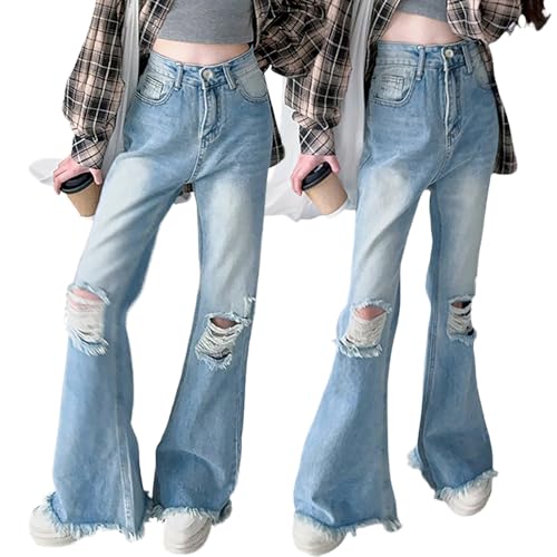 Girls' Ripped Baggy Jeans, High Waisted Flared & Wide Leg Denim Pants - Fashion Distressed Denim Trousers