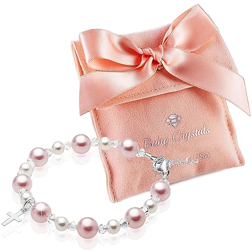 Sterling Silver Cross Charm Pearl Bracelets for Girls - Baptism Gifts for Girl with Rosaline, White Simulated Pearls, First Communion, Christening, Keepsake Girls Jewelry Birthday Gift
