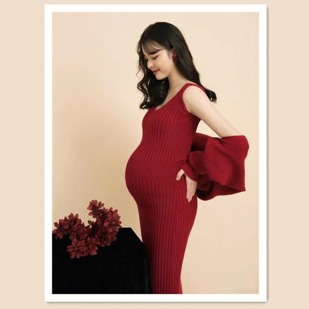 GLDFW Gestricktes Umstandskleid mit V-Ausschnitt, Cardigan-Set, Anzug für Babyparty, rotes Jersey, Schwangerschaft, Schwangere, nach der Geburt, Rock