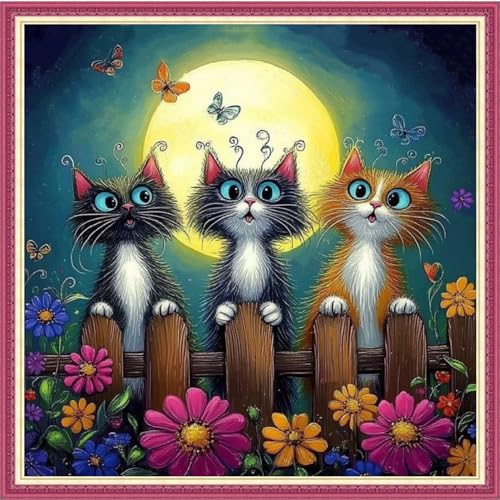 Image of Fanxvivy Stamped Cross Stitch Kits for Beginners Full Range of Cross Stitching Preprinted Embroidery Kits for Adults, 11CT Embroidery Pattern Needlepoint Kits-The cat admires Moon 18x18 inch