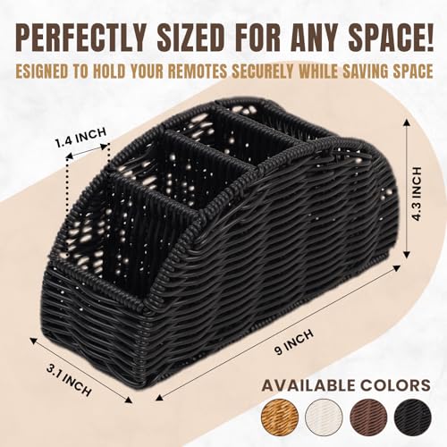5-Compartment Remote Control Holder – Synthetic Rattan Organizer for TV Remotes, Makeup Brushes, Office Supplies, Stylish Wicker Desk Caddy for Living Room, Bedroom, Office, Patent Pending (Black) - Image 4