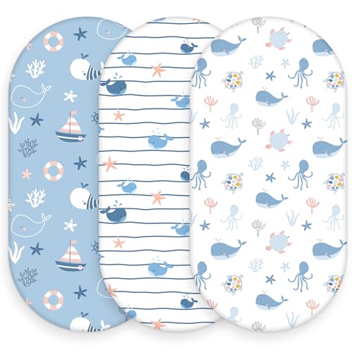 Image of Baby Bassinet Sheets, 3 Pack Fitted Bassinet Mattress Sheets, Compatible with Halo Bassinest Swivel Sleeper & Oval Hourglass Rectangle Mattress, Ultra Soft Blue Ocean Whale