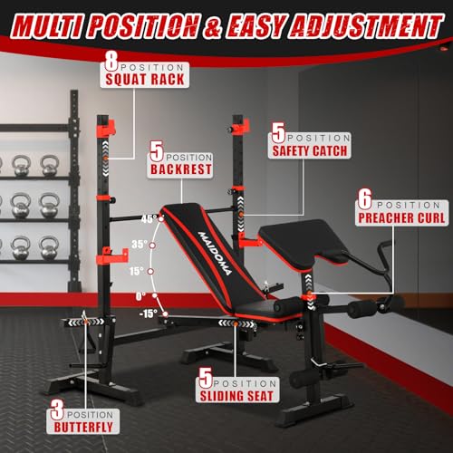 1500LBS 8 in 1 Olympic Weight Bench Set with Leg Extension/Curl and Preacher Curl, Bench Press Set and barbell Rack with Safety Bar Catches, Foldable Workout Benches for Home(US Stock)