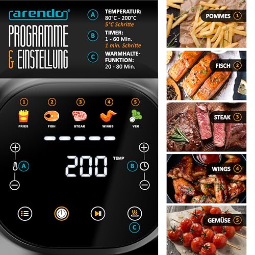 Arendo – Heißluftfritteuse klein - 2,5 Liter - Airfryer – 60 bis 200 ° C – Timer – Warmhaltefunktion – individuelle Temperatureinstellung – 5 Automatikprogramme – für kompakte Küchen – Bild 3