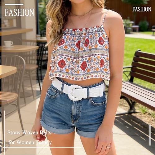 Image of Straw Woven Elastic Belt for Women Stretchy Belts for Dress Fashion Boho Waist Belt Rattan Raffia Ladies Belts