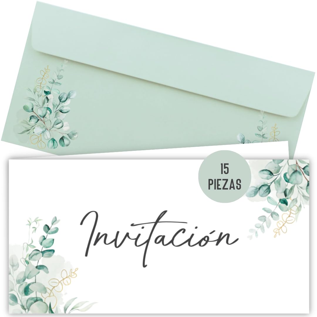 Things of Happiness 15 tarjetas de invitación incl. sobres para boda, registro civil, cumpleaños, confirmación, comunión, bautizo, invitación | tarjeta plegable DIN largo (Eucalipto 15 piezas)