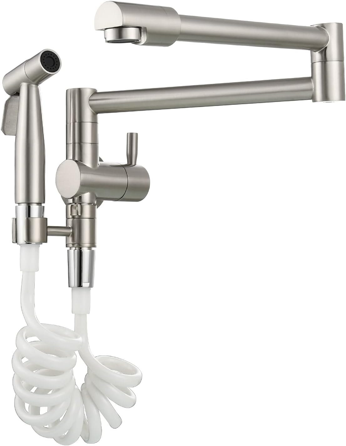 Tecmolog Brass Pot Filler Faucet Wall Mount Single Hole Folding Stretchable Kitchen Sink Faucet with Sprayer Brushed Nickel, CT169NA