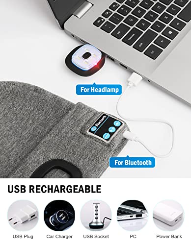 Image of Wmcaps Bluetooth Beanie with a Light, Unisex USB Rechargeable 4 LED Fashlight Hat with Cordless Headphones, Unique Christmas Birthday Gifts for Men Him Husband Teen Camouflage Green