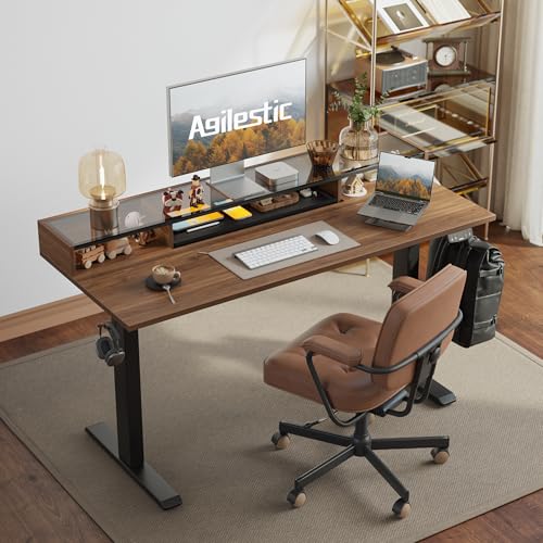 Image of Agilestic Glass Standing Desk with Storage, 48 Inch Electric Adjustable Desk with Glass Shelf and Cable Management, Sit Stand Up Home Office Computer Table, Splice Board, Dark Walnut