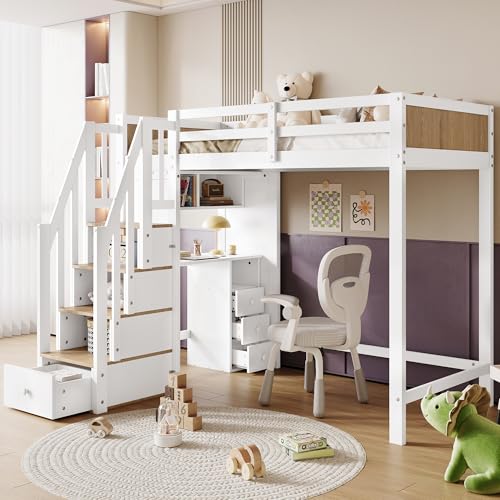 LAKFEW Cama Alta 90x200 cm Cama Infantil con Escritorio de 3 Cajones y Escalera de Almacenamiento, Camas Infantiles con Protección Anticaída, Camas Altas de Madera, Blanco+Color Natural, Sin Colchón