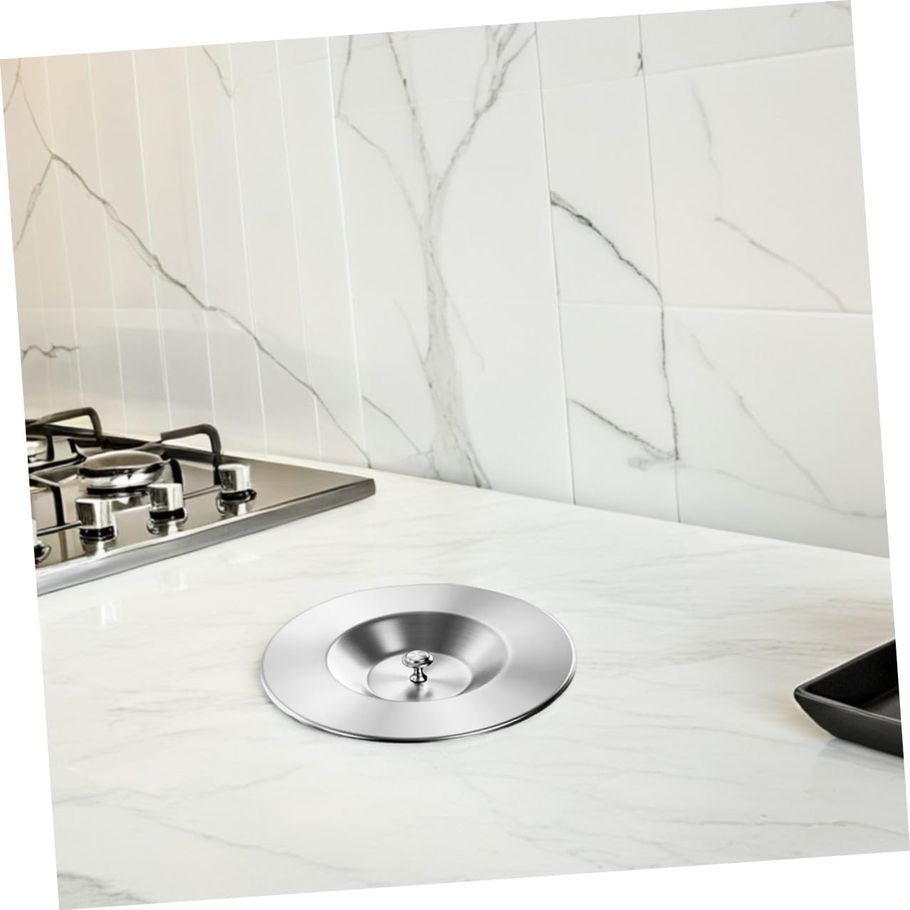 Stainless Steel Trash Bin Lid Cover with Grommet Flap, Recessed round Kitchen Sink Garbage Protection, Built-in Countertop Trash Can Lid Replacement for Home Use