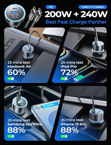 Image of LISEN 200W Car Charger USB C Fast Charge [GaN] PD 140W Fast Car Charger USB C, Cigarette Lighter Adapter for Multi Device, for iPhone 17 16 15 14 13 12, MacBook Pro, Laptop, iPad, Samsung S26 S25