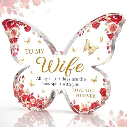 Image of Gifzy Romantic Wife Anniversary Birthday Gift Ideas, 5x5x0.5 Inch Butterfly Acrylic Plaque Decor, Mothers Day Valentines Christmas Wedding Present for Wife