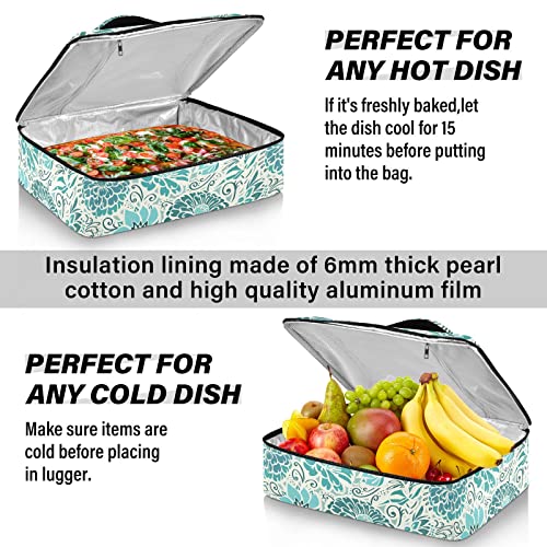 Teal Floral Flower Insulated Casserole Carrier Food Carriers With Dish Storage Leakproof Lasagna Holder Bag For Transport Family Outdoor Activities #TOP3