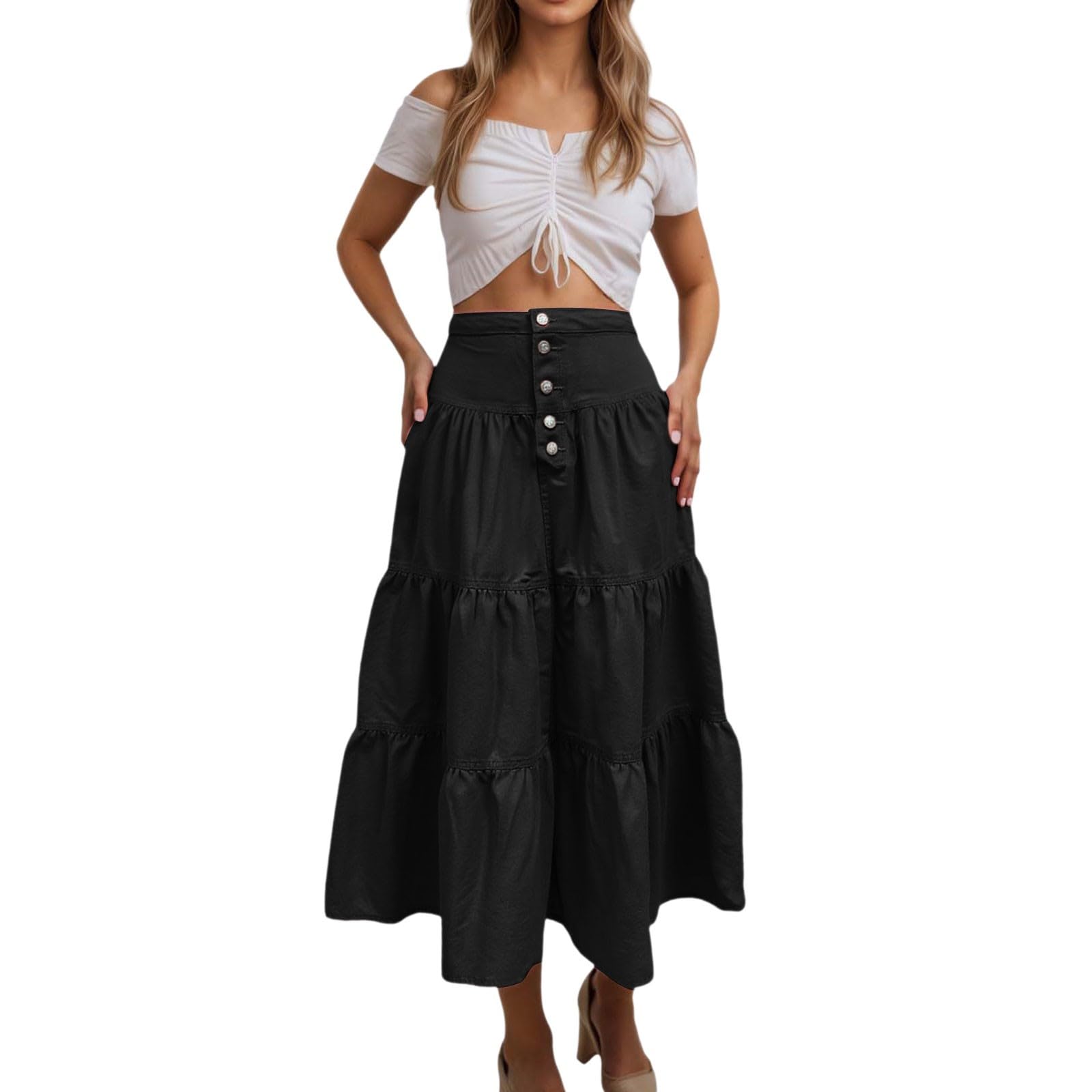 Falda Larga Mujer Verano, Faldas Mujer Verano Volantes, Larga Cintura Alta con Volantes Plisada Y Escalonada Ideal Ropa Calle Fiestas Y Atuendos Faldas Skirt Falda Lunares Falda Vaquera Minifalda