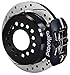 NEW WILWOOD REAR DISC BRAKE KIT, 11" DRILLED ROTORS, PARKING BRAKE ASSEMBLIES, BLACK 4 PISTON DYNAPRO CALIPERS, FOR REAR ENDS W/BIG BEARING FORD NEW STYLE AXLE FLANGES & 2.36" OFFSET, TORINO FLANGES