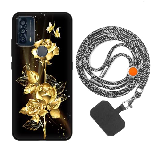 vingarshern Funda Compatible con TCL 20B Carcasa Silicona Suave Marco,Anti-Choque Funda con Aesthetic Dibujos+1×Correa Colgante Ajustable,Flores Doradas