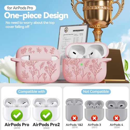 Image of Flower Engraved Case for Apple AirPods Pro 2 Gen with Clean Kit,Soft Silicone Protective Case Cover for AirPods Pro 2nd /1st Generation AirPod Case Carabiner,Front LED Visible,Pink