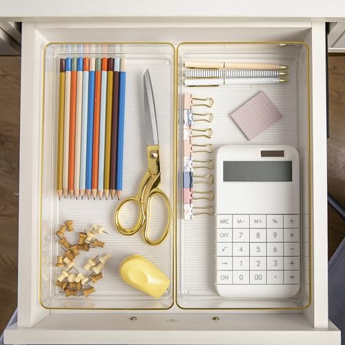 Image of Martha Stewart Kerry Plastic Stackable Office Desk Drawer Organizers, 12 inch x 6 inch, 3 Pack, with Gold Trim