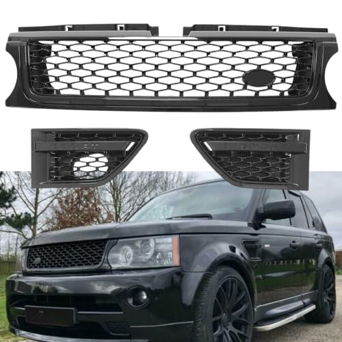TOPIZONE 3pc Front Bumper Grille+Air Side Vents Set Compatible with Land Rover Range Rover Sport 2010 2011 2012 2013 Gloss Black