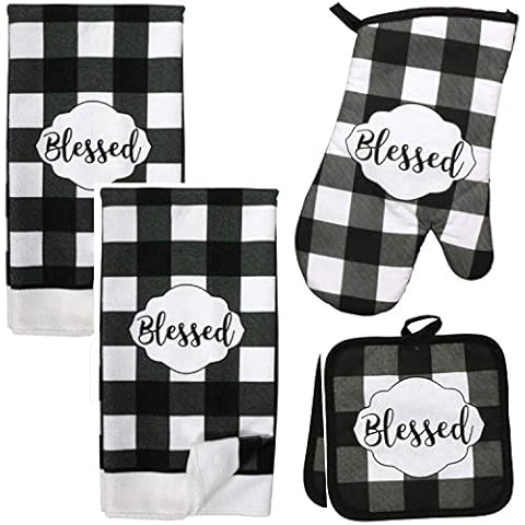 Buffalo Check Decor - Kitchen Linens - Dish Towel Set (5 Pc) Classic and Blessed Black and White Buffalo Check - Kitchen Towels - Oven Mitt - Pot Holders - Kitchen Decorations - Hand Towels Cover