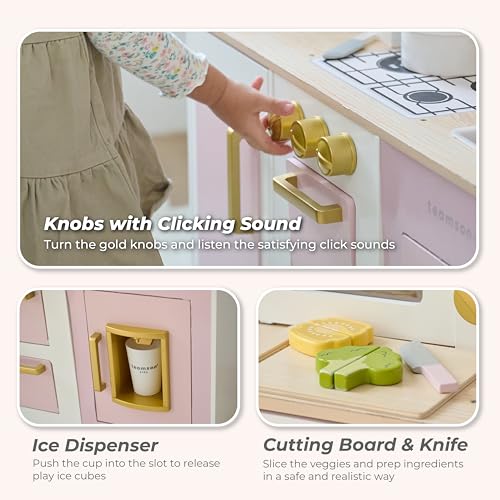 Image of Teamson Kids Little Chef Hampton Wooden Play Kitchen Set, Pink | For Toddlers, 17 Accessories, For Girls and Boys Age 3+, Montessori Style