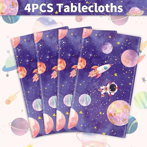 4 Pack Space Tablecloth Galaxy Table Cloth Rocket Astronaut Table Cover Space Planet Tablecover First Trip Around The Sun Decorations Space Themed Party Supplies Galaxy Party Decor 86 x 51 Inch - Image 6