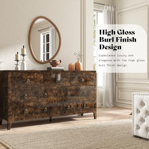 Image of AMERLIFE 61 inch Wide 7 Drawer Dresser with High Gloss Burl Wood, Brown