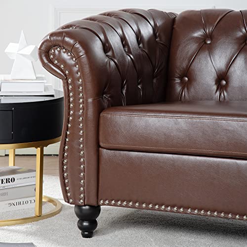 Image of LEVNARY Leather Chesterfield Chair, Mid-Century Modern Single Sofa Chair, Tufted Upholstered Rolled Armchair for Home Bedroom Reading Room (Dark Brown)