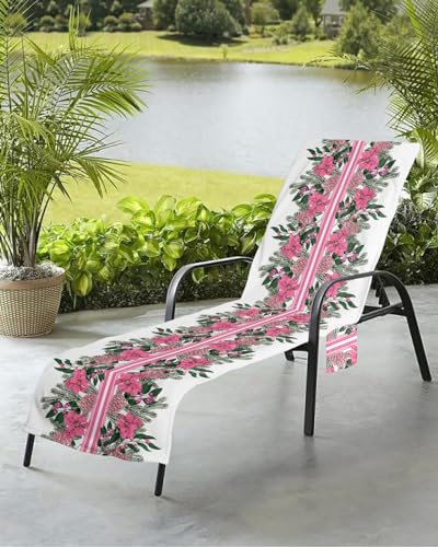 Christmas Flower Beach Chair Towel Covers for Chaise Lounge with Side Pocket, Soft Plush Pool Towels Cover for Patio Sunbathing Outdoor 29''x85'' Blush Pink Winter Berry Stripe