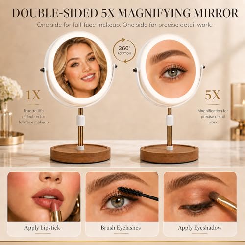 Espejo de maquillaje con luces y base de madera ajustable miniatura 3