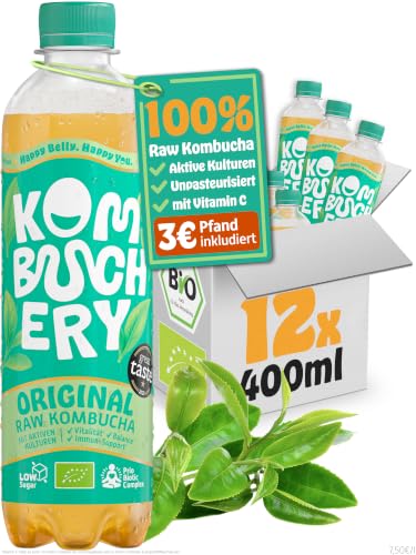 KOMBUCHERY® Original Raw Kombucha BIO | 12 x 400ml | Fermentierter Tee mit aktiven Darm-Kulturen | Zuckerarm & Kalorienarm | Unpasteurisiert, PrioBiotic, Vegan, Testsieger | inkl. 3€ PFAND