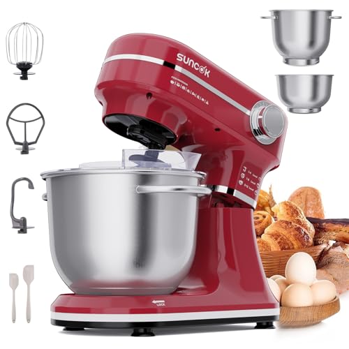 SUNCOK Batidora Amasadora 1500W, 2 Cubetas de Acero Inoxidable (4,5L/5,5L), 12 Velocidades, Fermentación/Calentamiento, Báscula, Temporizador, Bajo Ruido, 3 Accesorios de Mezcla (B03B, B03B-Rojo)