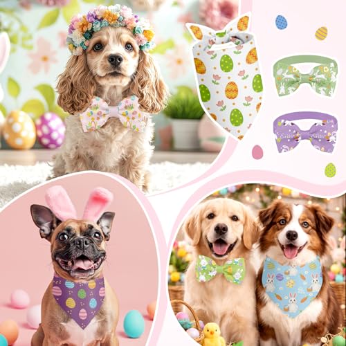 Sanwuta 100 Pcs Easter Dog Bandanas Bulk and Collar Bow Ties Set 50 Easter Day Bandanas 50 Charm Collar with Bunny Rabbit Egg Carrot Triangle Pet Scarf Bowtie for Small Medium Large Costume by Sanwuta - Image 2
