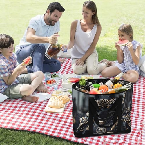 Bear Samurai Black Large Insulated Tote Bag for Grocery Shopping Reusable Tote Bags for Women Men, Cooler Bag with Zippered Top & Handles for Beach Picnic Travel3