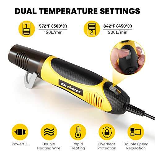 Mini Heat Gun, ENVENTOR 450W 572°F~842°F Dual Temp Handheld Hot Air Gun Tool with Deflector Nozzle and Heat Shrink Tubing, Heat Gun for Crafts DIY, Epoxy Resin, Shrink Wrap, Electronics, Embossing