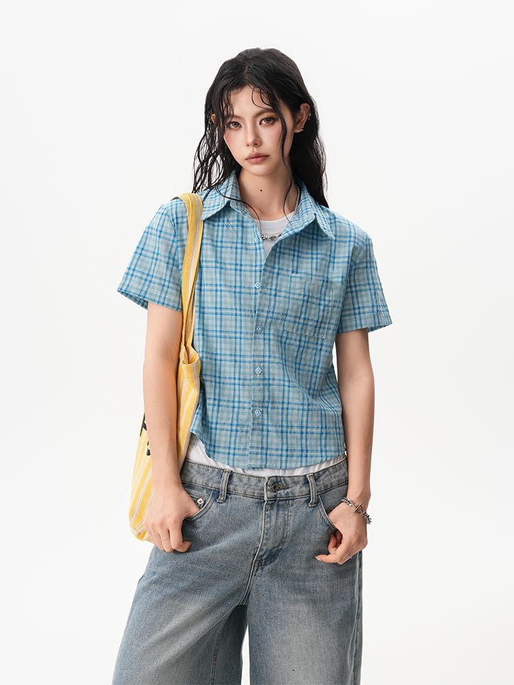 Chemise Femme à Carreaux Vintage, Manches Courtes, Slim