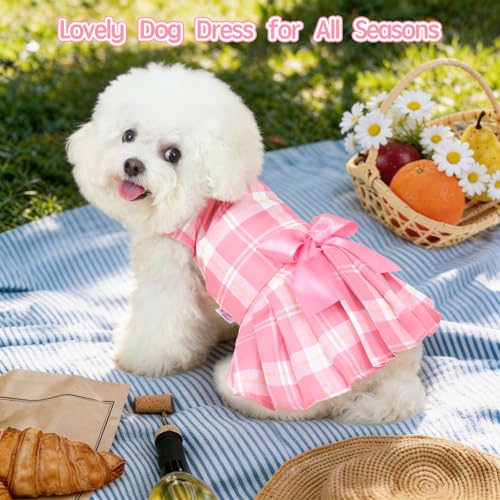 XPUDAC 4 Pack Plaid Dog Dress for Small Dog, Sweet Bowknot Cute Puppy Dress Pet Princess Clothes for Birthday Holiday Spring Summer Pet Outfits Girl Pink Purple, XS - Image 3