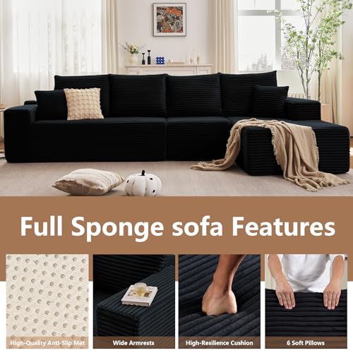 Image of 134.5 inch Modular Sectional Sofa, Modern Corduroy Cloud Couch with Deep Seat, Boneless Couch Upholstered 4-Seater L-Shaped Sofa for Living Room, No Assembly Required (Black, Right-Facing Chaise)