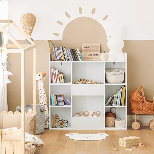 Image of Haotian Kid's Bookshelf Children Bookcase with Toy Storage Organizer, Toddler Book Rack for Playroom, Book Holder for Nursery Classroom, White, KMB55-W