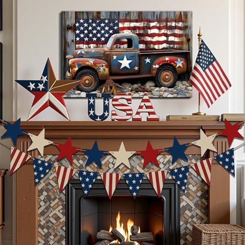 Image of Framed Rustic American Flag Vintage Truck Wall Art, Patriotic Farmhouse Canvas Art Pictures, Distressed USA Wall Decor for Garage Man Cave Living Room, Ready to Hang Made in USA