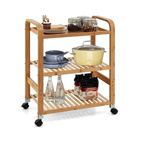 COSTWAY Servierwagen Bambus auf Rädern, Küchenwagen mit 3 Ablagen & Griffen, Lagerregal mit abnehmbarem Rollen, Rollwagen für Küche Flur Bad, Mobiler Allzweckwagen, 58 x 33 x 76 cm