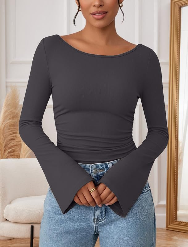 Elegancka damska koszulka z długim rękawem, dekolt w łódkę, z rękawami z dzwoneczkami, wąski top Y2K, basic, luźny sweter, slim fit, długi rękaw, jednokolorowa, z długim rękawem, na jesień