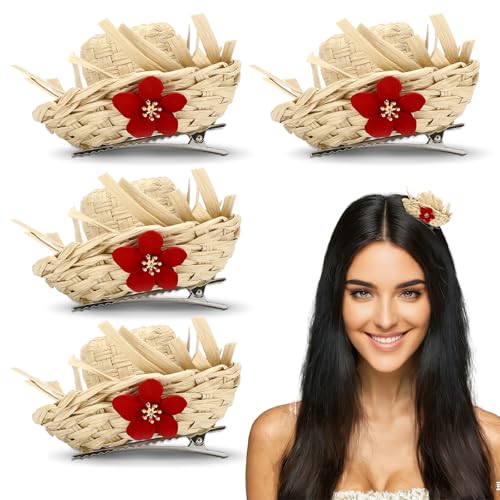 Canlierr 4 Pcs Mini Pava Straw Hat Hair Clips with Hibiscus Puerto Rico Straw Hat Decor 2.76 Hawaiian Luau Farmer Cap Hair Clips for Women Concert Costume Beach Luau Party Accessory