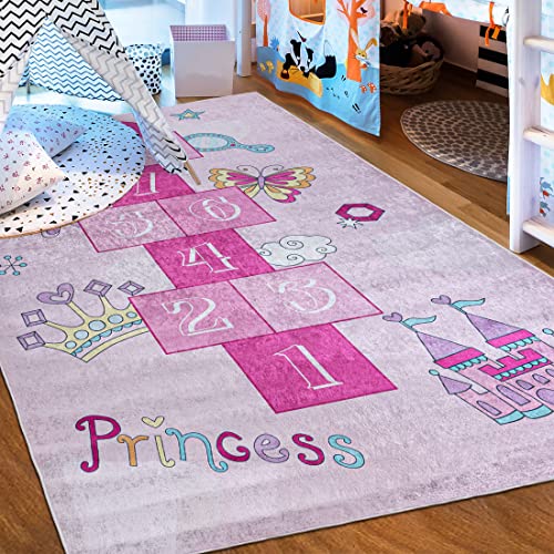 Mazovia Kinderzimmerteppich Antirutsch - Waschbar bis 30 Grad - Spielteppich Hüpfspiel - Kurzflor Kinderteppich für Kinderzimmer - ÖKO-TEX - Teppiche Junge Mädchen Rosa Pink 140 x 200 cm Cover