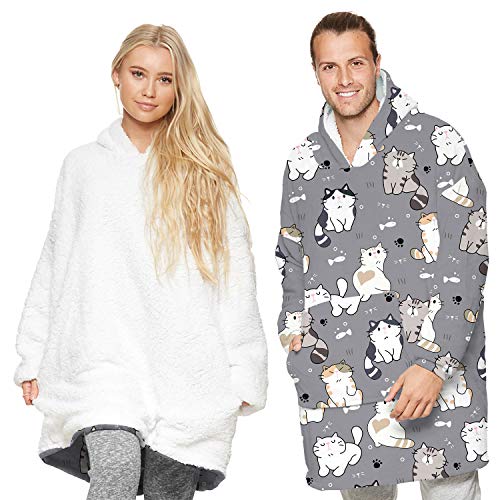 L&ieserram Oversized Oodie Blanket Hoodie Fluffy Fleece Hoodie Blanket for Women Men Kids Wearable Hooded Blanket with Big Pocket (Cats - Grey, 7-12 Years) - Image 2