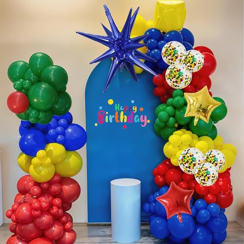 Image of Red Yellow Green Blue Balloon Arch Kit 123Pcs Rainbow Balloons Garland with Star Foil Balloon Cartoon Colorful Birthday Party Balloons for Boys Men Game Baby Shower Carnival Circus School Decorations