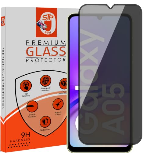 Image of STP FEEL Premium Grade Privacy Tempered Glass Screen Protector Guard Compatible For Samsung A05 / M05 / F05 (6.7 Inch, Pack of 1) Full Edge to Edge Coverage Anti-Spy /Anti-Peeping 9H Hardness