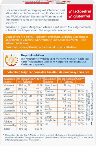 Doppelherz A-Z Complete - Langzeit-Vitamine - 23 Vitamine, Mineralstoffe & Spurenelementen PLUS Lutein - 40 DEPOT-Tabletten